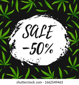 Muster mit realistischem Cannabisblatt oder Hanf auf der Hand zeichnen Farbhintergrund und Verkauf 50 off. Marijuana Textur für Druck, Tapete, Web, Poster, Karte, Verkauf. Vektorillustration-Illustration