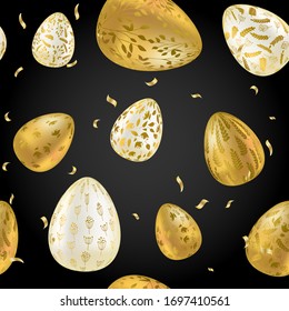 Pattern with realistic Easter eggs. Seamless texture vector illustration. Religious holiday background decoration. Golden eggs with plant ornaments on dark background. Happy Easter