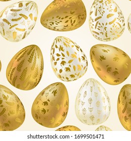 Pattern with realistic Easter eggs. Seamless texture vector illustration. Religious holiday background decoration. Golden eggs with plant ornaments on light background. Happy Easter