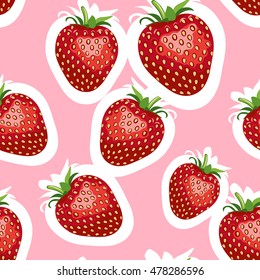 Pattern of realistic image of delicious big strawberries different sizes. Pink background