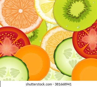 pattern realistic tomato, cucumber, lemon, carrot, grapefruit, orange, kiwi,  fresh vegetarian texture, vector