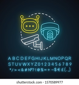 Pattern recognition system neon light concept icon. Robotic surveillance idea. Innovative cctv cameras. Special futuristic electronics. Glowing sign with alphabet. Vector isolated illustration