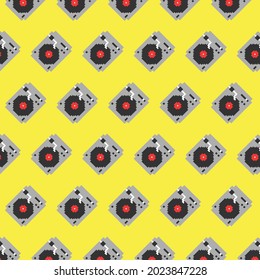 Pattern with a record player on a yellow background. The concept of old times. Vector image, eps 10.