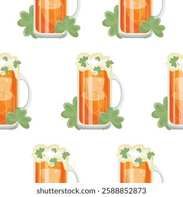 pattern of rectangular glasses with leprechaun face print with wheat beer and shamrocks, design for St. Patrick's Day