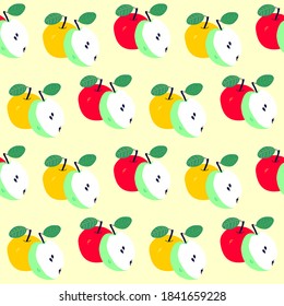 Pattern red apple and yellow apple and green apple with half isolated