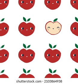 A pattern with red apples with eyes. Cute fruit background for kids design. Vector Scandinavian style