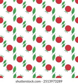 A pattern of red apples and green leaves. The apples are arranged in a row and the leaves are scattered around them. The image has a playful and whimsical feel to it