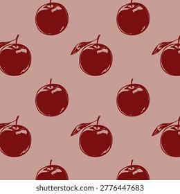 Pattern with red apples on pink background. Seamless vector print of ripe fruits in retro style. Minimalist wallpaper design burgundy pomes with leaves. Repeat backdrop for textile, card, print