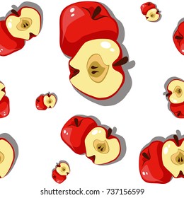 pattern of red apples with a slice of insulated on white with a shadow