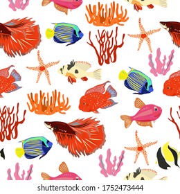 Pattern of red aquarium fish and algae on a white background