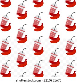 Pattern of Red Banana juice in transparent background with mini doodle (icons). Vector Illustration