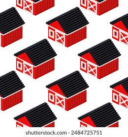 Pattern of red barns in isometry. Vector illustration