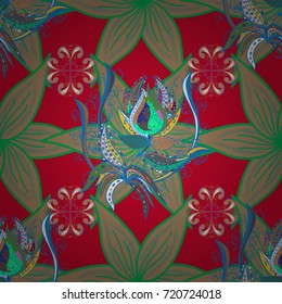 A pattern of red, beige and green daisies on a red, beige and green colors. Vector illustration. On red, beige and green colors.