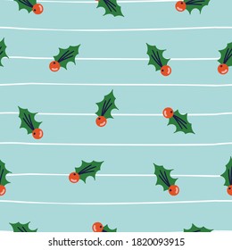 Pattern with red berries and green leaf on blue background Christmas theme. New Year vector design for printing.