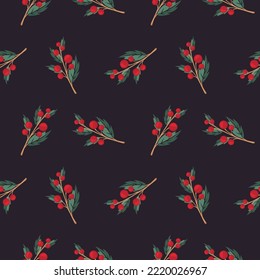 Pattern of red berries on a dark backdrop. Branch with green leaves. Seamless. Winter. Holidays. Package.