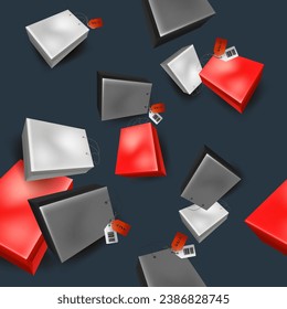 Pattern of red , black and white paper bags, on a black background . Seamless holiday, gift texture. Print for holiday packaging, and on the theme of discounts, promotions, sales