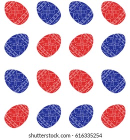 Pattern red and blue Easter decorative eggs on a white background. For congratulatory holiday cards, banners and textiles - Vector Illustration 