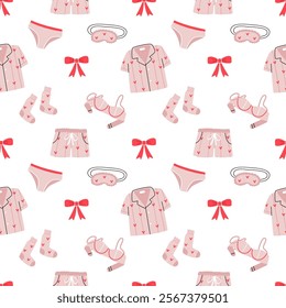 Pattern with red bows and lingerie on a white background. Valentine's Day. Pajamas, panties, tank top, socks, sleep mask.