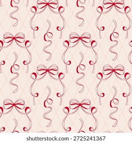 Pattern with red bows and ribbons in retro aesthetic. Seamless ornament with diamonds and doodles. Vector pattern