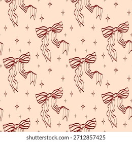 Muster aus roten Bögen und Sternen auf weichem Hintergrund, das ein Design zum Verpacken von Papier oder Stoff zeigt