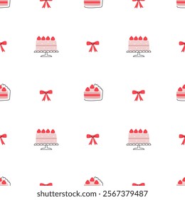 Pattern with red bows, sweets, cake and chocolate ice cream on a white background. Valentine's Day.