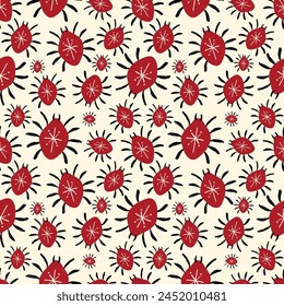 A pattern of red bugs with black spots on a beige background. The bugs are drawn in a stylized way, with some having larger eyes and others having smaller ones. Scene is playful and whimsical