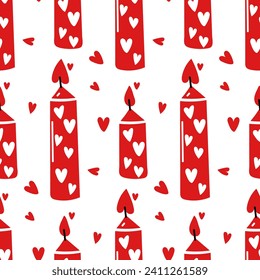 Pattern is a red burning candle with painted hearts. Love, romance. Seamless flat vector repeating illustration. Burning candle with hearts as a decoration. Valentine's Day, wax candle in red, black