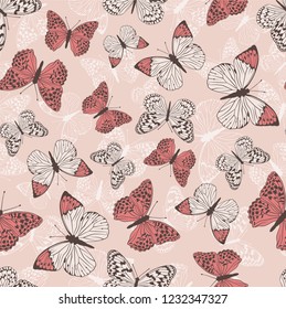 Pattern with red butterflies on a pink background. Suitable for curtains, wallpaper, fabrics, wrapping paper.