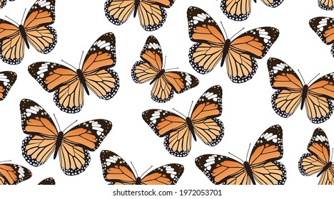 Pattern with red butterflies on a white background. Suitable for curtains, wallpaper, fabrics, wrapping paper. Monarch Butterfly.