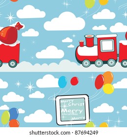 Pattern of red cartoon train with gifts and balloons, christmas background.