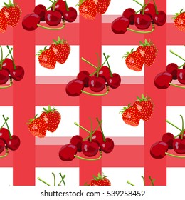 pattern with red cell and with red berries: strawberries and cherries