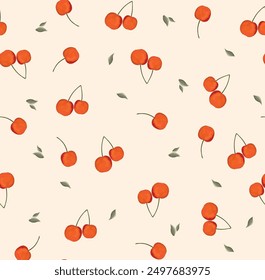 Pattern of red cherries combined with gray leaves on a yellow-beige background. Lovely patterns, cute and small. Suitable for feminine, gentle dress models. Vector illustration