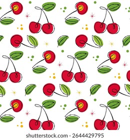 Pattern with red cherries and green leaves in 50s retro style. Seamless background for fabric design, wrapping paper, summer theme.