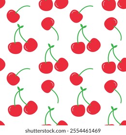 Pattern of red cherries with green stems.