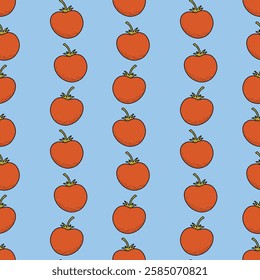 Pattern with red cherry tomatoes on a blue background. Vegetable bright rutter with tomatoes, hand drawn vector illustration