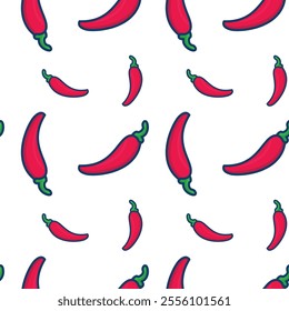 Pattern of red chili peppers with green stems.