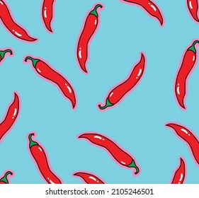 Pattern with red chili peppers on a plain blue background. Stock Vector Illustration. Food. Bright colorful design for covers. Modern style. Isolated.