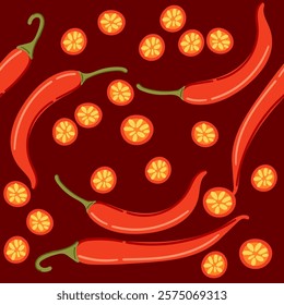 Pattern of red chili peppers and sliced chili pieces with visible seeds on a dark red background. Vector illustration