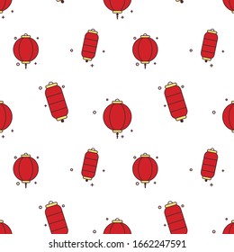 Patrón con farolillos rojos chinos. Faros de estilo asiático. Festival Lantern. Lámpara asiática de papel de vacaciones. Patrón de vectores sin soldadura en fondo blanco