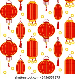 Pattern of red Chinese paper lanterns and gold coins, creating a festive and cultural atmosphere. Decoration of festive events, cultural decorations in the traditional Asian style. Seamless oriental