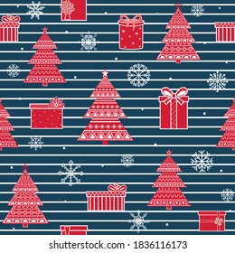 Patrón de un árbol de Navidad rojo con un adorno sobre un fondo de rayas azules, ilustración de los vectores de color, impresión, textura, textiles, diseño, decoración, fondo, Papel de escritorio