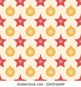 Pattern of red Christmas tree toy and yellow ball. Vector isolated image for use in festive design