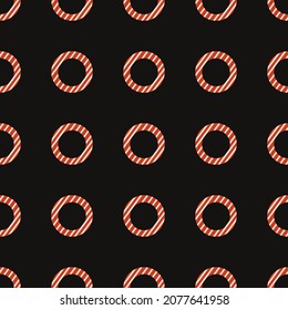 A pattern of red circles with white stripes on black for use as a background or web design. Vector isolated images for use in packaging