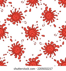 A Pattern Of A Red Coronavirus Icon. Seamless Hand-drawn Microbe Pattern Of Round Shape With A Texture Of Rays And Dots At A Distance In A Flat Style. Isolated Viral Vector Element On A White 