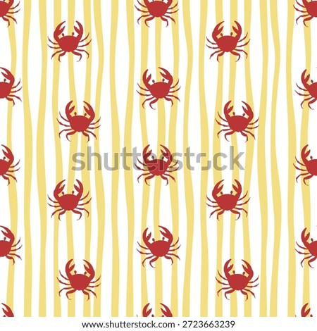 Pattern with red crabs on strip. Underwater seamless pattern