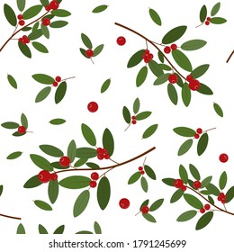 Pattern of red cranberries on a branch with leaves on a white background, color vector illustration, print, texture, textiles, design, decoration, background