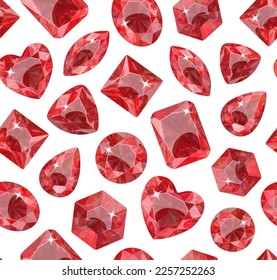 Pattern with red crystals on a white background. Stones of various shapes. Jewelry.