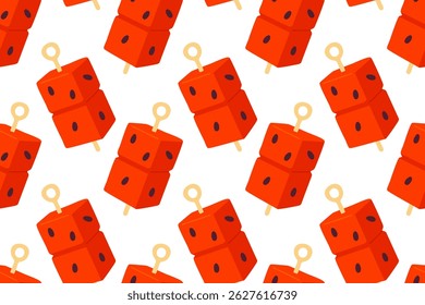 Pattern of red cube-shaped watermelon-flavored popsicles with sticks arranged in a seamless layout on a white background