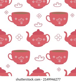 A pattern of red cups and a teapot on a white background. Vector isolated image For website design