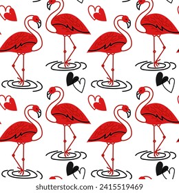 The pattern of red doodles with two flamingos is flat. Cute red flamingo doodle with a black heart. Seamless vector pattern for Valentine's Day. Repeating seamless pattern with colorful animals and